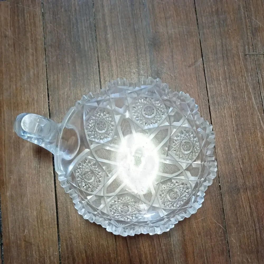 Antique 1890s-1910s Am Brilliant Cut Glass Dish w/ Sawtooth Rim and Loop Handle